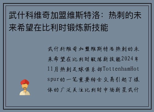 武什科维奇加盟维斯特洛：热刺的未来希望在比利时锻炼新技能