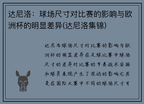 达尼洛：球场尺寸对比赛的影响与欧洲杯的明显差异(达尼洛集锦)